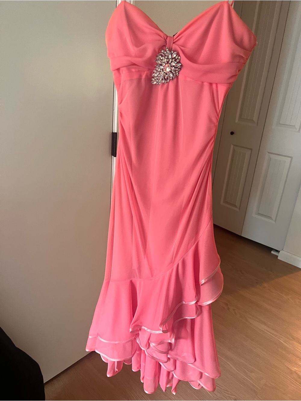 Pink Chiffon Evening Dress with Rhinestone Brooch